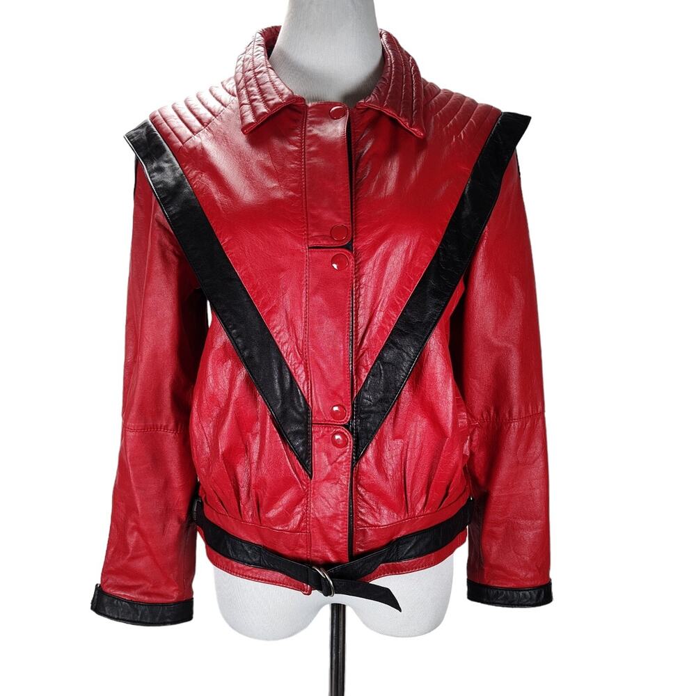 Vintage 80s Red Black Leather Thriller Style Jacket Womens S Geometric Moto